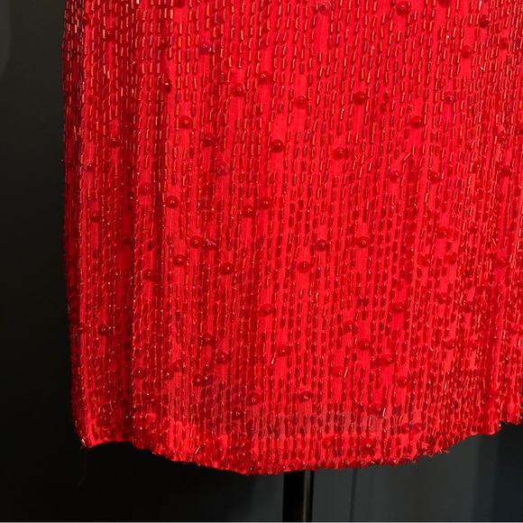 Vintage 80s Red Silk Beaded Pearl Oleg Cassini Black Tie Cocktail Dress Glam 2 - Picture 4 of 11